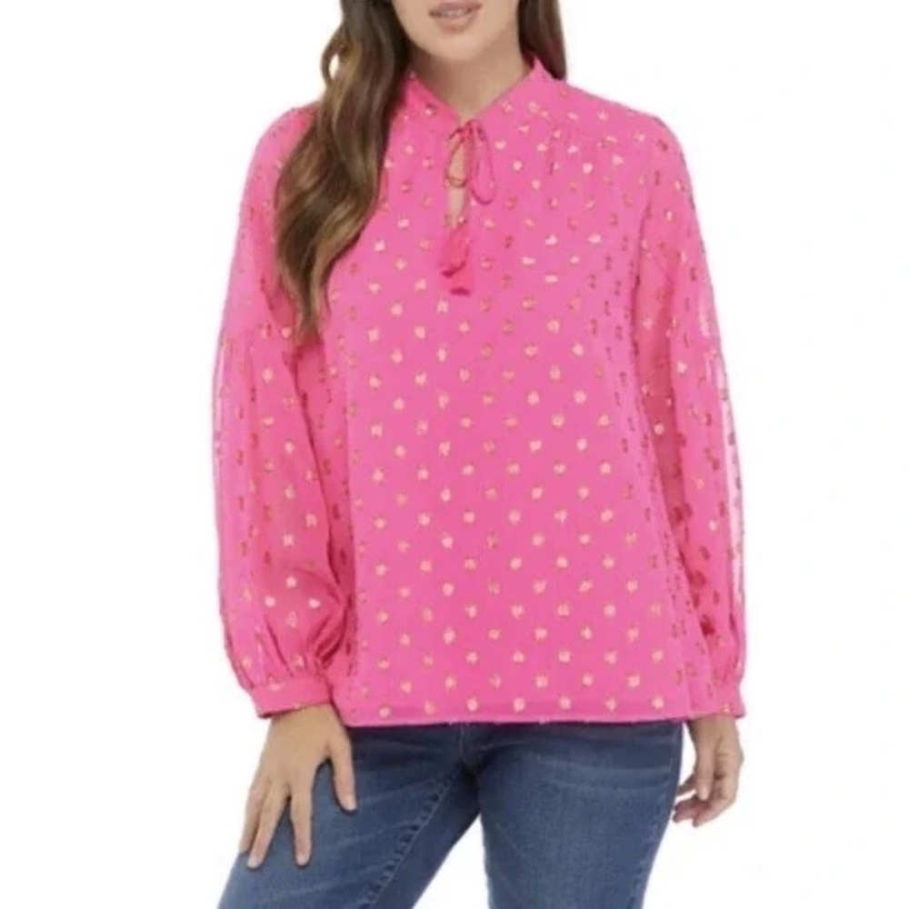 CROWN & IVY Hot Pink Polka Dot Blouse Size XL Boho Puff Sleeves Barbie